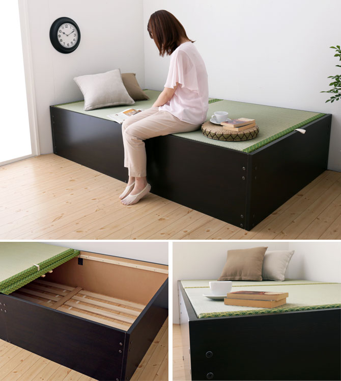 畳ベッド い草張り収納ベッド セミダブル SD 100%天然い草 桐すのこ 木製 床板取っ手付き ヘッドレス 国産 日本製 ブラウン