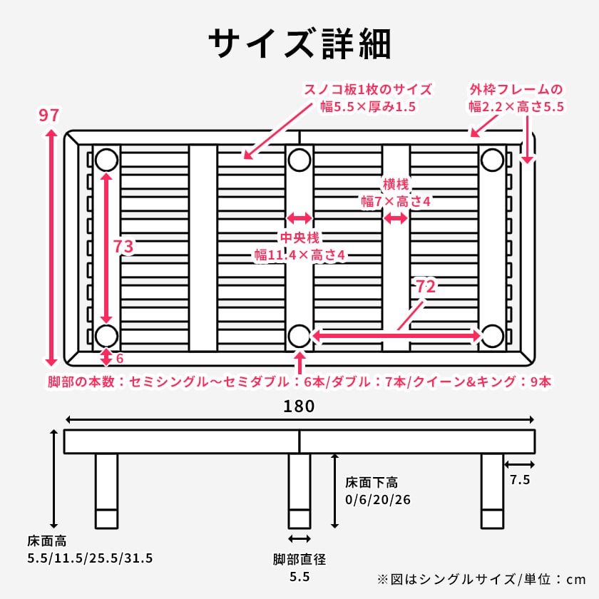 すのこベッド 【ショートシングル】 長さ180cm 木製 ベッドフレーム 耐荷重350kg 組立簡単 高さ4段階 バノン | ベッド・マットレス通販専門店  ネルコンシェルジュ neruco