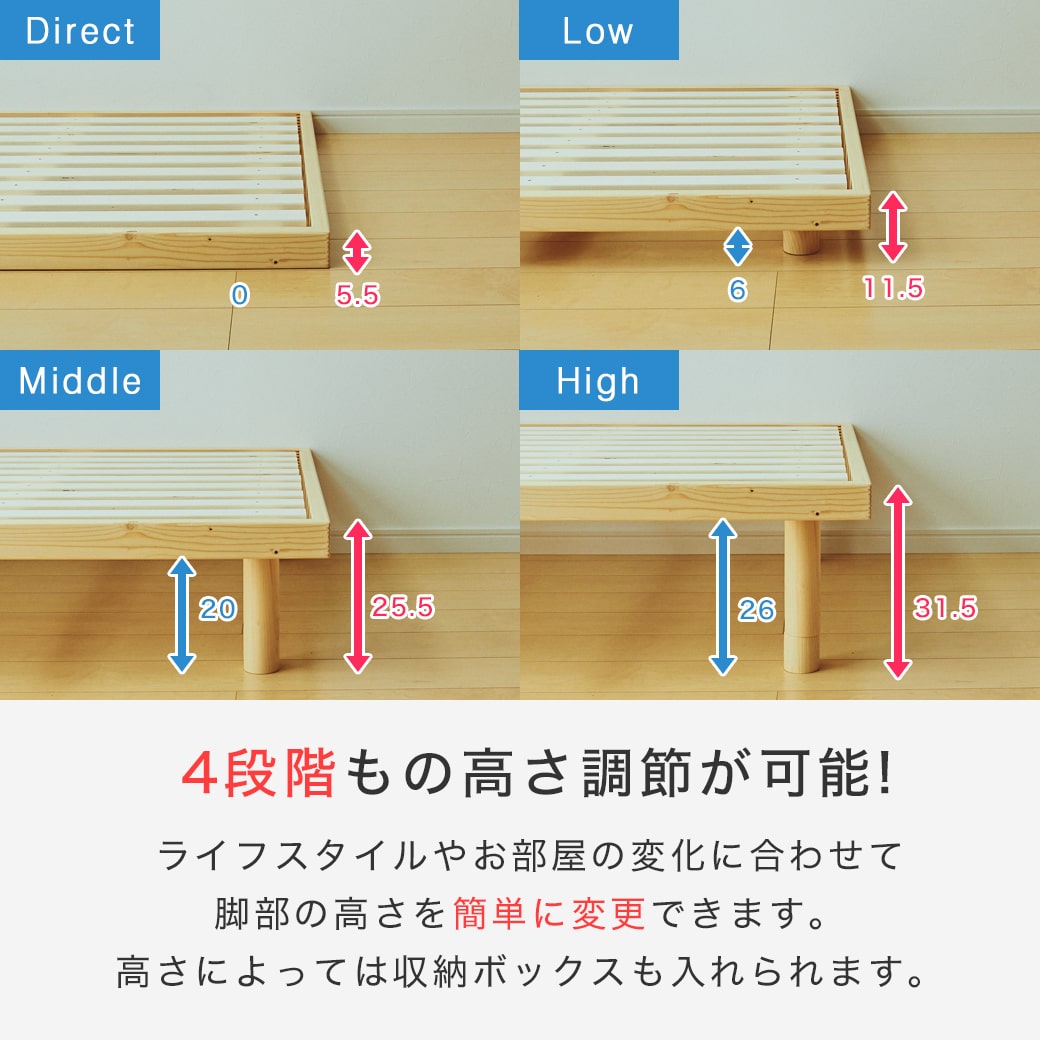 すのこベッド 【ショートシングル】 長さ180cm 木製 厚さ20cmポケットコイルマットレスセット 耐荷重350kg 組立簡単 高さ4段階 バノン  | ベッド・マットレス通販専門店 ネルコンシェルジュ neruco